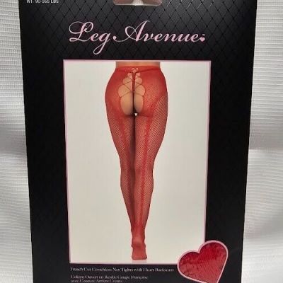 Red French cut crotchless fishnet tights with heart backseam One Size